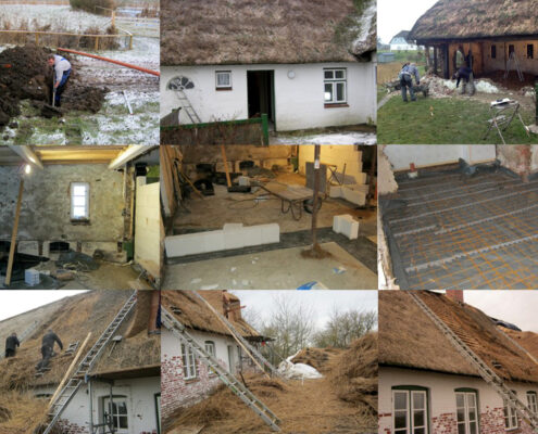 2013: Der Umbau und die Sanierung des historischen Silberhofes auf Pellworm Collage mit 9 Fotos des Umbaus und der Sanierung.